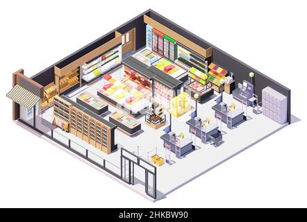 Vektor isometrischen Supermarkt oder Lebensmittelgeschäft Gebäude Innenraum. Supermarkt-Ausrüstung, Regale mit Produkten, Kassiertische und Self-Checkout-System Stock Vektor