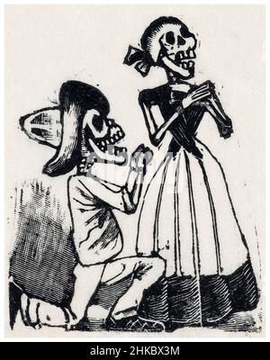 Ein männliches Skelett auf den Knien vor einem weiblichen Skelett, (Vignette für das Fest der Toten), Metallplatte Gravur von José Guadalupe Posada, 1890-1910 Stockfoto