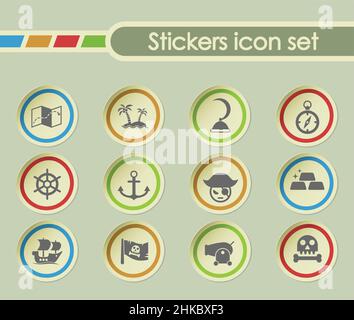 Piraten einfache Vektor-Icons auf runden Stickern Stock Vektor