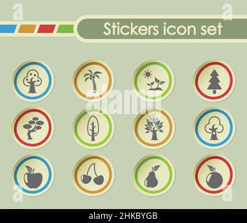 Bäume Einfache Vektorsymbole auf runden Stickern Stock Vektor