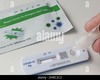 London, Großbritannien, 3. Februar 2022: Eine Person legt vier Tropfen Pufferlösung, die Material aus einem Nasenabstrich enthält, auf die Testkassette eines lateralen Durchfluss-Testkits. Die Schnellantigen-Tests werden jetzt ohne nachfassende PCR-Tests verwendet. Dieser Test wird in Clapham, London, durchgeführt, wo die Covid-Infektionsraten für den Bezirk Lambeth wieder steigen. Anna Watson/Alamy Live News Stockfoto