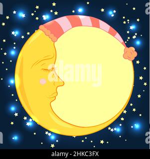 Ganzer Monat in einer Schlafmütze mit geschlossenem Auge in einem blauen Nachthimmel mit Sternen Stock Vektor