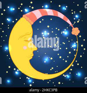 Ein junger Monat in einer Schlafmütze mit geschlossenem Auge in einem blauen Nachthimmel mit Stern Stock Vektor