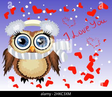 Schöne Cartoon-braune Eule, umgeben von Herzen, sagt Ich liebe dich. Liebe in der Luft, Valentinstag, Postkarte. Stock Vektor