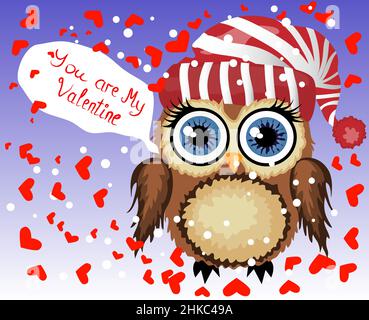 Süße braune Eule umgeben von Herzen Du bist mein Valentinstag. Liebe in der Luft, Valentinstag, Postkarte. Stock Vektor