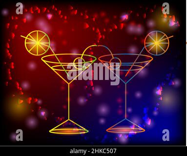 Goldene Umrandung von Gläsern mit Cocktail auf dunklem Hintergrund mit Sternen und Lichtern, Disco, Club, Neon-Leuchten Stock Vektor