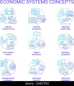Symbole für das blaue Gradientenkonzept für Wirtschaftssysteme gesetzt Stock Vektor