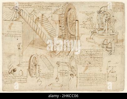 Zeichnungen von Wasserrädern und archimedischen Schrauben, die von Leonardo da Vinci (1452-1519) zur Bewässerung verwendet wurden, enthalten im Codex Atlanticus einen gebundenen Satz von über 1000 Seiten aus den Jahren 1478 bis 1519. Stockfoto