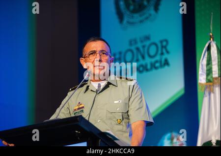 Der kolumbianische Generalmajor der Polizei Jorge Luis Vargas während des Internationalen Anti-Drogen-Kongresses in Cartagena, Kolumbien, 22. Februar 2022. Kolumbien markiert eine neue Strategie gegen den Drogenhandel im Rahmen der „Esmeralda“-Strategie. Stockfoto