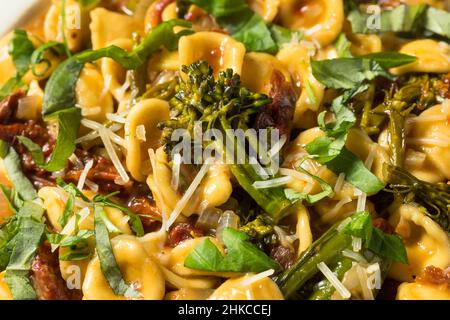 Hausgemachte italienische Orecchiette Pasta mit Basilikum und Tomaten Stockfoto