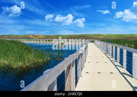 Schwimmende Promenade zu den Dünen im Prince Edward Island National Park, Kanada. Stockfoto