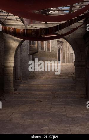 3D Darstellung einer engen Straße in einer alten mittelalterlichen arabischen Stadt mit Torbogen, der zu einer Treppe führt. Stockfoto