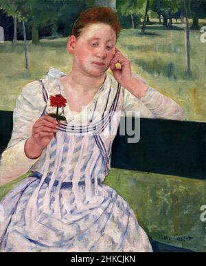 Frau mit einer roten Zinnia von Mary Cassatt (1844-1926), Öl auf Leinwand, 1891 Stockfoto