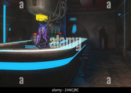 Eine außerirdische Barkeeperin in einer futuristischen Bar auf einem Planeten in einer fernen Galaxie. Science-Fiction-Konzept 3D Illustration. Stockfoto