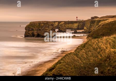 Der Blick entlang der Marshden Bay bei Sunderland, auf die Klippen und das Sandsteinmeer, wenn die Flut eintrifft Stockfoto