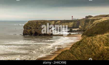 Der Blick entlang der Marshden Bay bei Sunderland, auf die Klippen und das Sandsteinmeer, wenn die Flut eintrifft Stockfoto