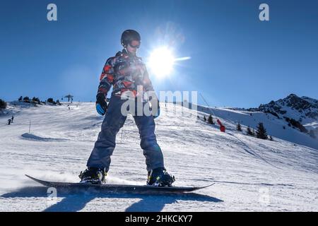 Snowborder, Piste, Trois Vallees, Departement Savoie, Frankreich Stockfoto