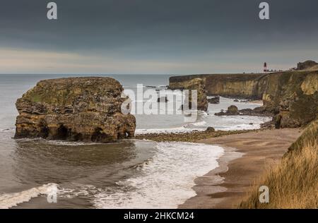 Der Blick entlang der Marshden Bay bei Sunderland, auf die Klippen und das Sandsteinmeer, wenn die Flut eintrifft Stockfoto