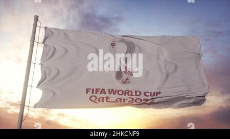 Doha, Katar, Februar 2022: FIFA Fußball-Weltmeisterschaft Katar 2022 Flagge winkt im Wind, blauer Himmel im Hintergrund. 3D Rendern Stockfoto