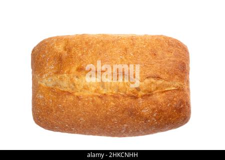 Ciabatta ist auf weißem Hintergrund isoliert. Italienisches Brot aus Weizenmehl. Backansicht von oben Stockfoto