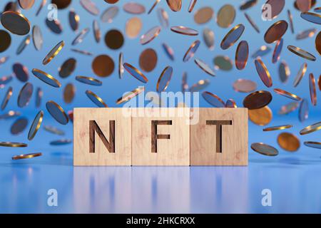 NFT-Wort vor dem Fall der goldenen Münzen. Stockfoto