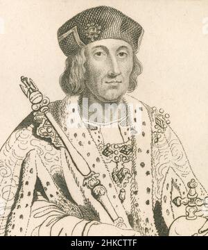 Antike Radierung von Heinrich VII. Von England um 1812. Heinrich VII. (1457-1509) war König von England und Herr von Irland von seiner Eroberung der Krone am 22. August 1485 bis zu seinem Tod im Jahr 1509. QUELLE: ORIGINALRADIERUNG Stockfoto