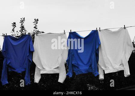 Nahaufnahme von vier Hemden auf einer Wäscheleine. Zwei blaue Hemden in Farbe, der Rest des Bildes ist Schwarz und Weiß. Stockfoto