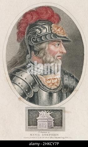 Antike Radierung von Stephen, König von England, 1803. Stephen (1092-1154), oft als Stephen von Blois bezeichnet, war vom 22. Dezember 1135 bis zu seinem Tod im Jahr 1154 König von England. QUELLE: ORIGINALRADIERUNG Stockfoto