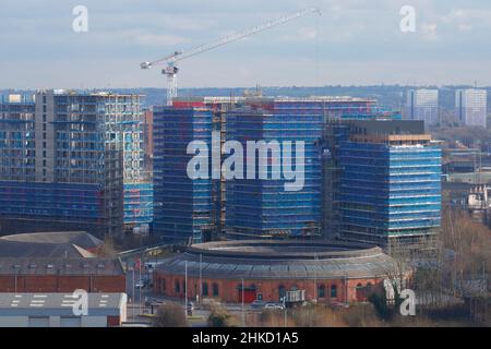 Die Junction Apartments, die von Galiford im Bau sind, versuchen auf dem ehemaligen Gelände der Monk Bridge im Stadtzentrum von Leeds. Stockfoto