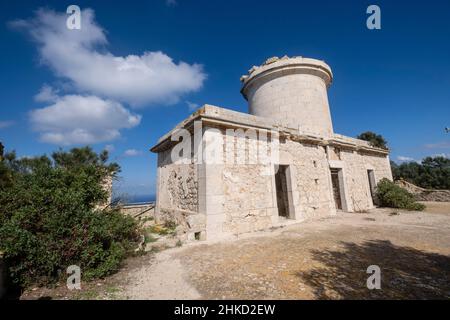 Leuchtturm Far Vell, (Na Popia), Naturpark Sa-Flaggschiff, Mallorca, Balearen, Spanien Stockfoto