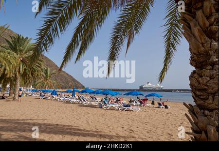 Palmen und Urlauber am Strand Playa de Las Teresitas, Nord-Teneriffa, Teneriffa, Kanarische Inseln, Spanien Stockfoto