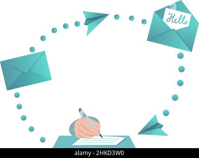 Geschäftliche oder persönliche Korrespondenz. Abonnementdienste. Eine Hand mit einem Stift schreibt einen Brief. Umschlag geschlossen und geöffnet. Nachricht. Vektor ein Stock Vektor