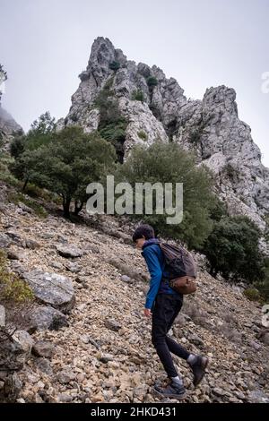 Aufstieg auf den Sporn von Xaragal De Sa Camamilla, Mallorca, Balearen, Spanien Stockfoto