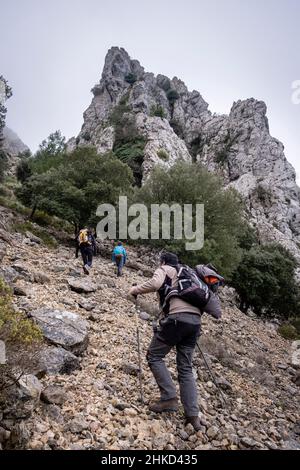 Aufstieg auf den Sporn von Xaragal De Sa Camamilla, Mallorca, Balearen, Spanien Stockfoto