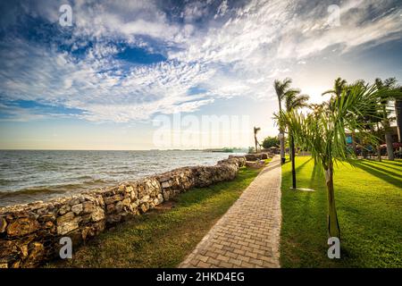 Atemberaubende, malerische Aussicht auf den Gehweg in einem Park am Ufer des Viktoriasees in Entebbe, Uganda, bei den letzten Sonnenstrahlen am Abend Stockfoto