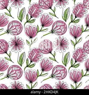 Ein nahtloses Blumenmuster, handgezeichnete Elemente im Doodle-Stil. Ausgefallene Blumen, Knospen und Blätter. Schwarze Muster mit rosa und grünen Flecken. Stock Vektor