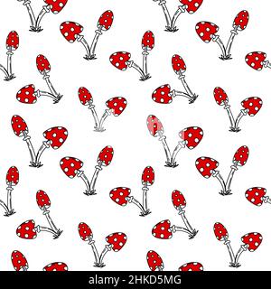 Ein nahtloses, handgezeichnetes Doodle-Muster aus Pilzen. Skurrile Fliegenagarik. Rote Pilze in Tupfen. Stock Vektor