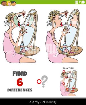 Cartoon Illustration der Suche nach den Unterschieden zwischen Bildern pädagogische Spiel mit Frau Make-up Stock Vektor