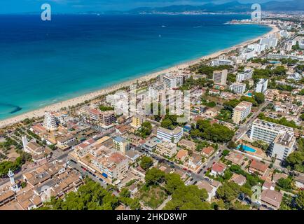 Luftaufnahme, Bucht von Palma, Sandstrand Platja de s'Arenal und Hoteleinrichtungen in Las Maravillas, Palma, Mallorca, Balearen, Spanien, Badende, es Stockfoto