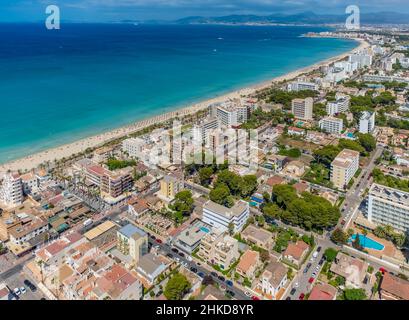 Luftaufnahme, Bucht von Palma, Sandstrand Platja de s'Arenal und Hoteleinrichtungen in Las Maravillas, Palma, Mallorca, Balearen, Spanien, Badende, es Stockfoto