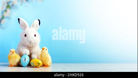 Osterhase mit bemalten Eiern und Küken auf blauem Hintergrund. Osterfeiertagskonzept. Osterkarte. Stockfoto