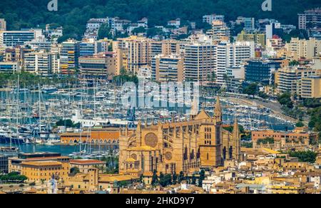 Luftaufnahme, Santa Iglesia Catedral de Mallorca , Kirche, Kathedrale von Palma, Puerto de Palma, Hafen von Palma im Hintergrund, Palma, Mallorca, Balearen Stockfoto
