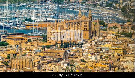 Luftaufnahme, Santa Iglesia Catedral de Mallorca Kirche, Palma Kathedrale, Puerto de Palma, Hafen von Palma im Hintergrund, Palma, Mallorca, Balearen ist Stockfoto