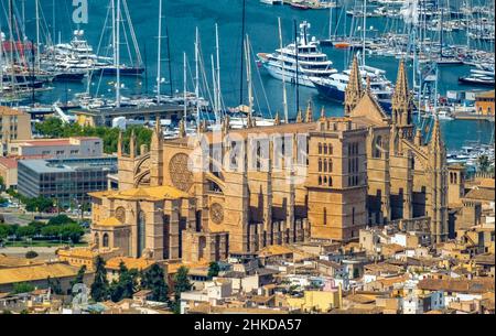 Luftaufnahme, Santa Iglesia Catedral de Mallorca Kirche, Palma Kathedrale, Puerto de Palma, Hafen von Palma im Hintergrund, Palma, Mallorca, Balearen ist Stockfoto