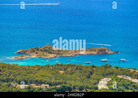 Luftaufnahme, Insel, illa de sa Torre mit Verteidigungsturm, Calvià, Mallorca, Balearen, Spanien, Boote, es, Europa, Luftaufnahmen, Luftaufnahmen Stockfoto