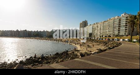 Montevideo, Uruguay - 11th. Januar 2022 - wunderschöner Sonnenuntergang am Strand von Pocitos mit Badegäste an einem Sommertag in Montevideo Uruguay. Stockfoto