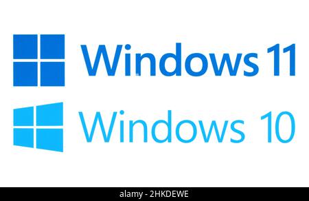 Kiew, Ukraine - 11. November 2021: Neues Windows 11 mit Windows 10-Logos auf Papier. Windows 11 ist eine wichtige Version von Microsoft Windows, dass succ Stockfoto