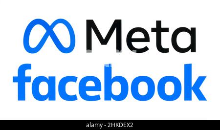 Kiew, Ukraine - 29. Oktober 2021: Meta- und Facebook-Logos, gedruckt auf weißem Papier. Der Social-Media-Gigant Facebook führt ein Rebranding zu Meta, CEO Mark Zuccurb Stockfoto