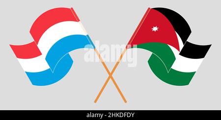 Gekreuzte und winkende Flaggen von Luxemburg und Jordanien. Vektorgrafik Stock Vektor