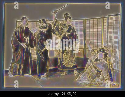 Inspiriert von zwei Männern und zwei Frauen in Kimono, Japan, Reimagined by Artotop. Klassische Kunst neu erfunden mit einem modernen Twist. Design von warmen fröhlichen Leuchten der Helligkeit und Lichtstrahl Strahlkraft. Fotografie inspiriert von Surrealismus und Futurismus, umarmt dynamische Energie der modernen Technologie, Bewegung, Geschwindigkeit und Kultur zu revolutionieren Stockfoto